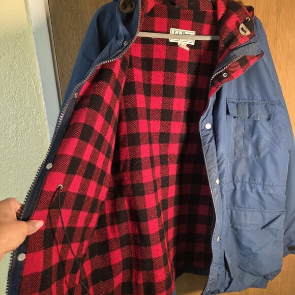 L.L. Bean Baxter State Parka VTG 90s Wool Buffalo Plaid Lined Blue Jacket Large - Picture 3 of 16